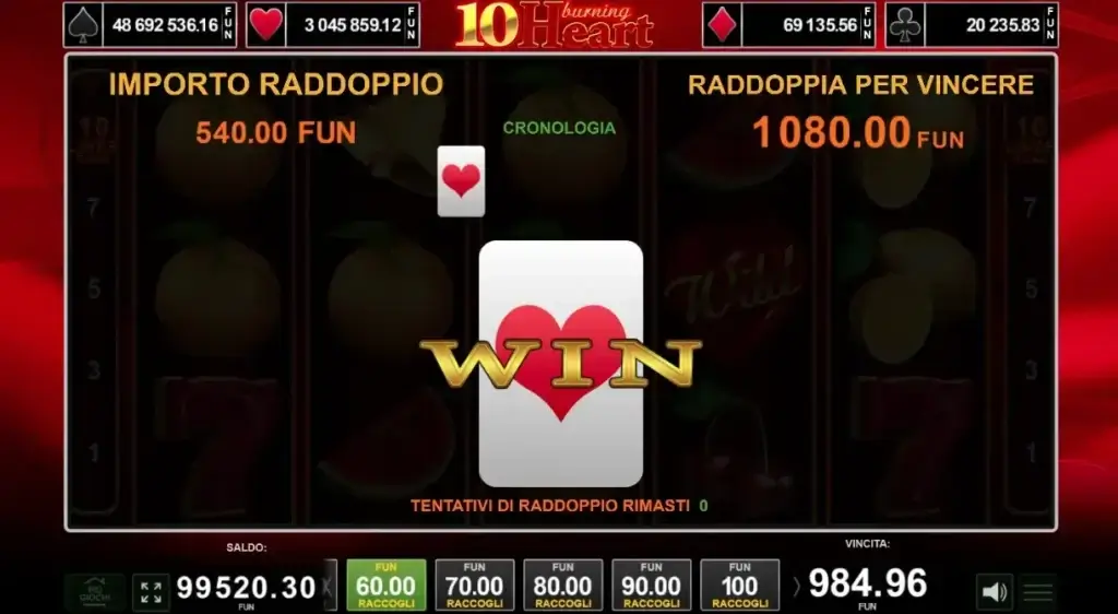 Funzione raddoppio della slot 10 Burning Hearts