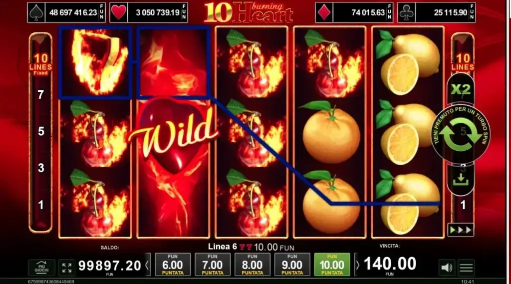 10 Burning Heart: simbolo Wild e giocata sulla slot