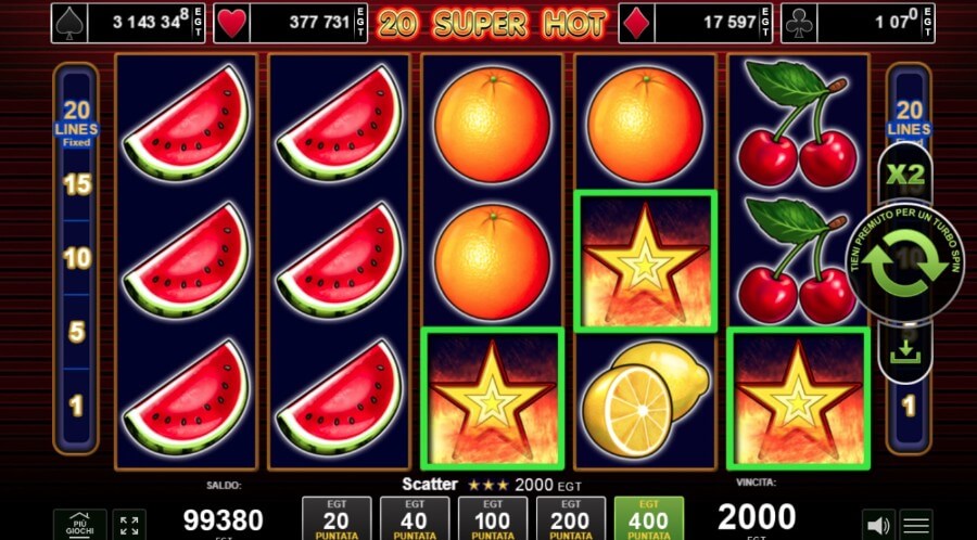 20 Super Hot slot simbolo Scatter