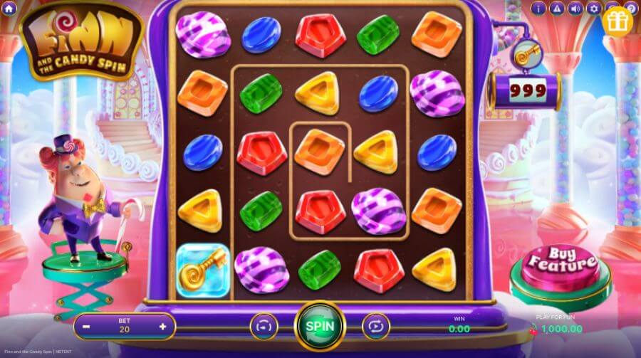 Schermata di gioco principale della slot Finn and The Candy Spin.