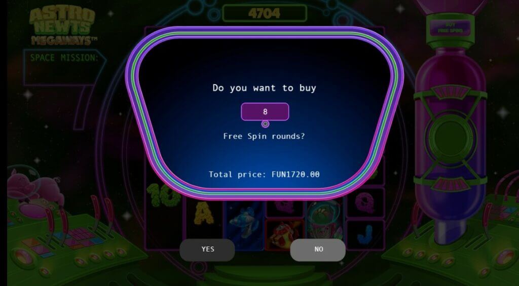 Ed ecco la funzione "buy free spins" nella slot machine online Astro Newts Megaways.
