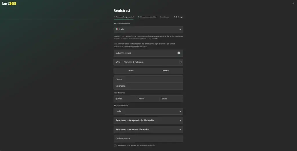 Pannello di registrazione su bet365.it