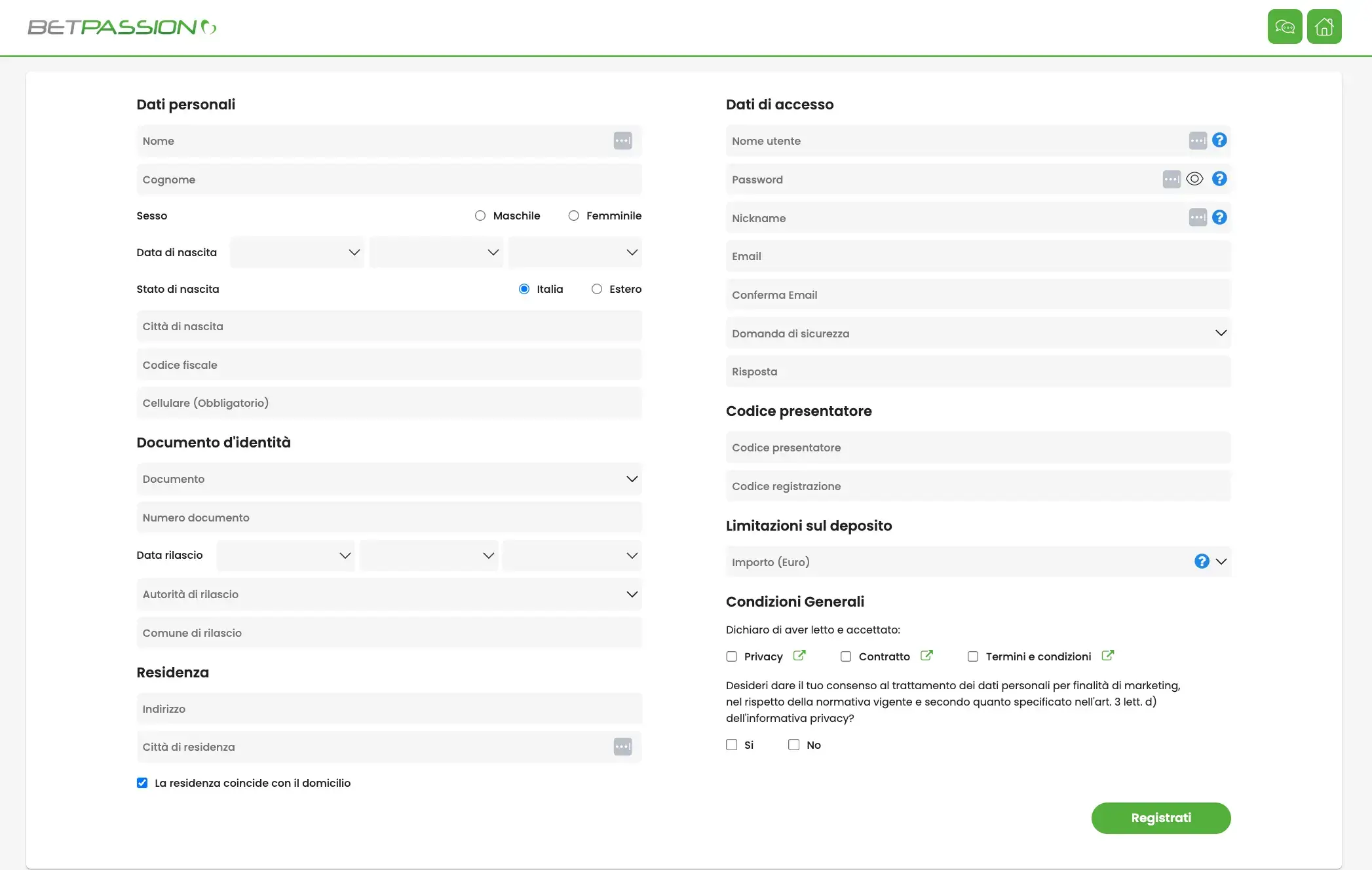 Modulo di registrazione di Betpassion casinò online