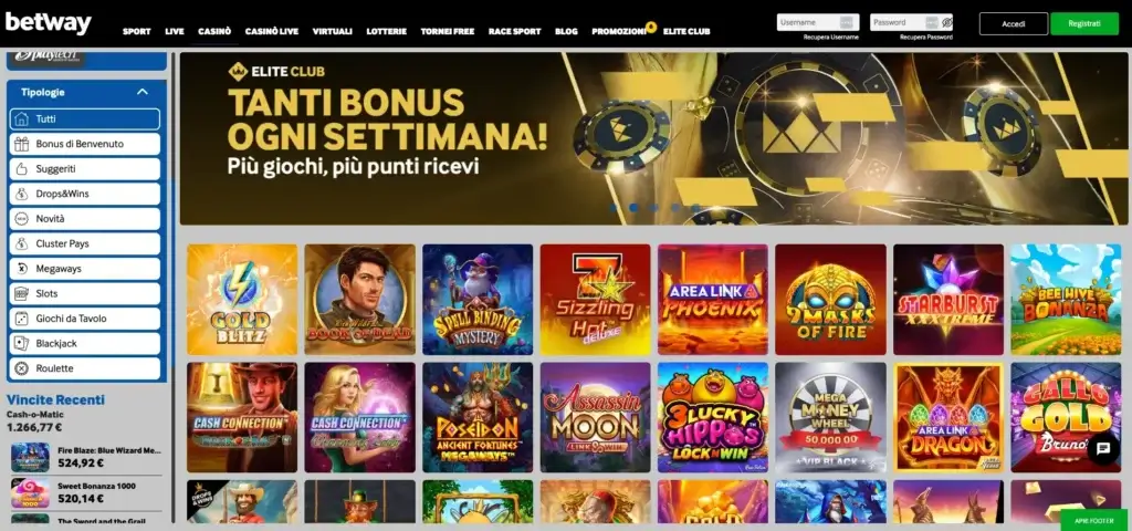 Homepage del casinò online di Betway
