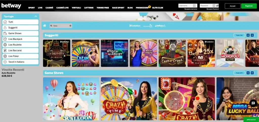 Sezione del casinò live di Betway