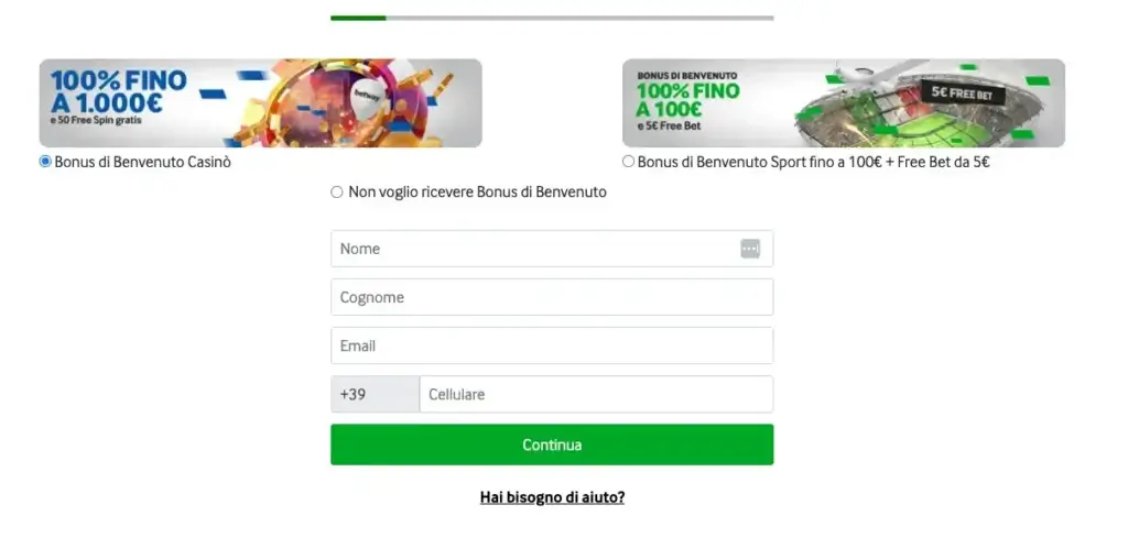 Registrazione su Betway.it