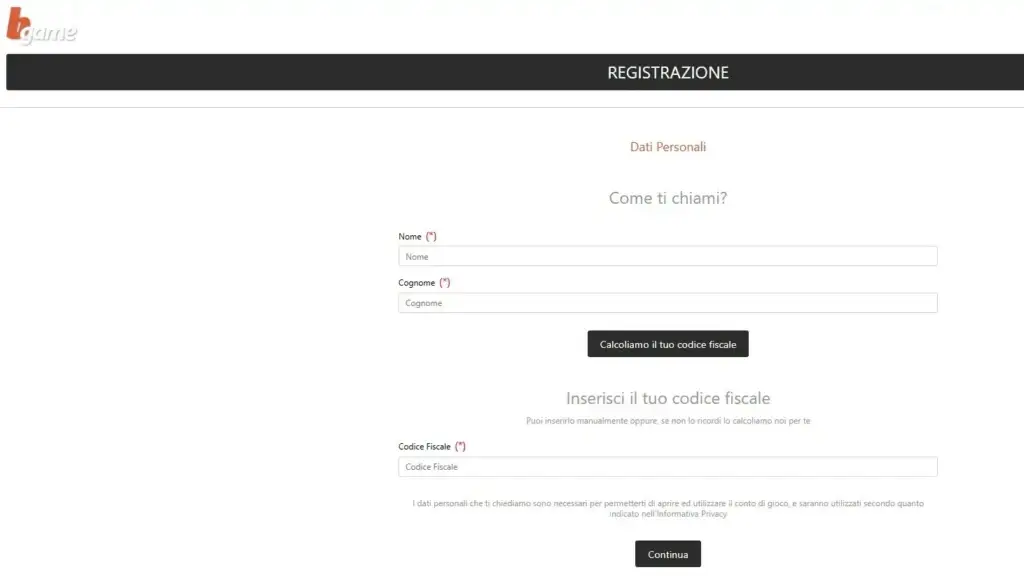 Il modulo di registrazione su Bgame casino