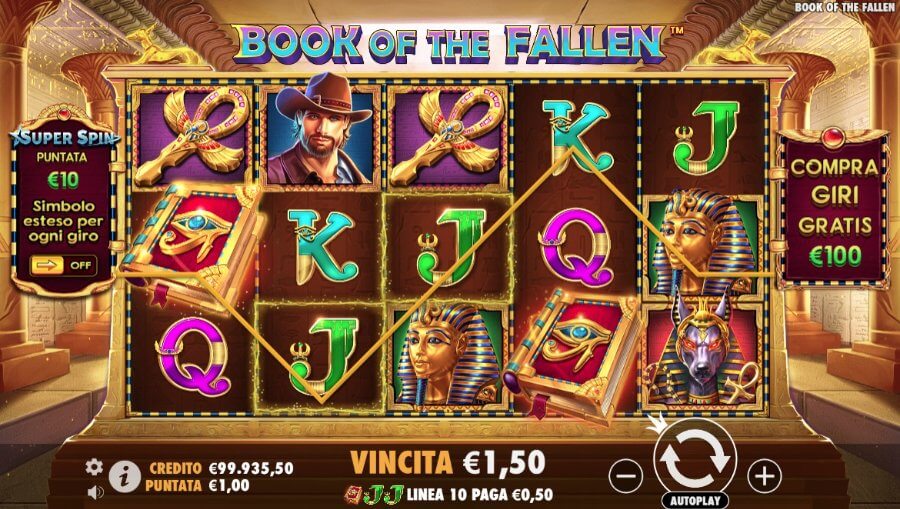 Schermata di gioco base della slot Book of the Fallen