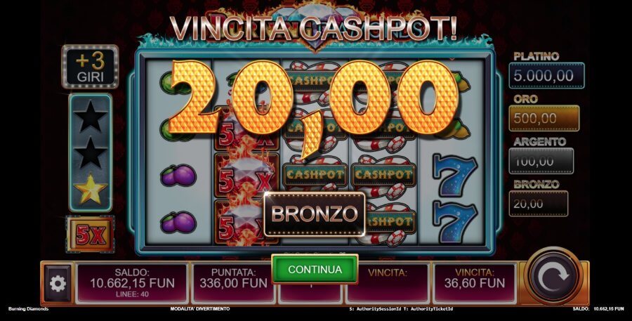 Vincita Cashpot alla slot Burning Diamonds