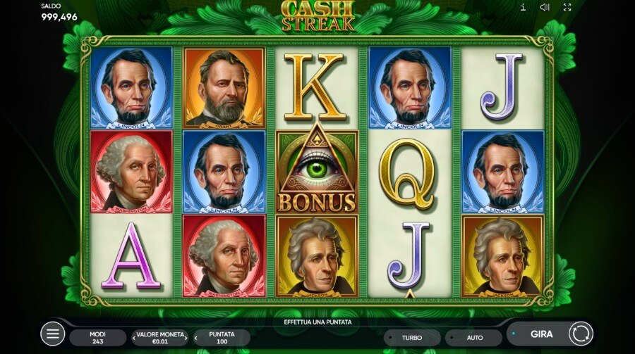 Cash Streak slot, schermata di gioco