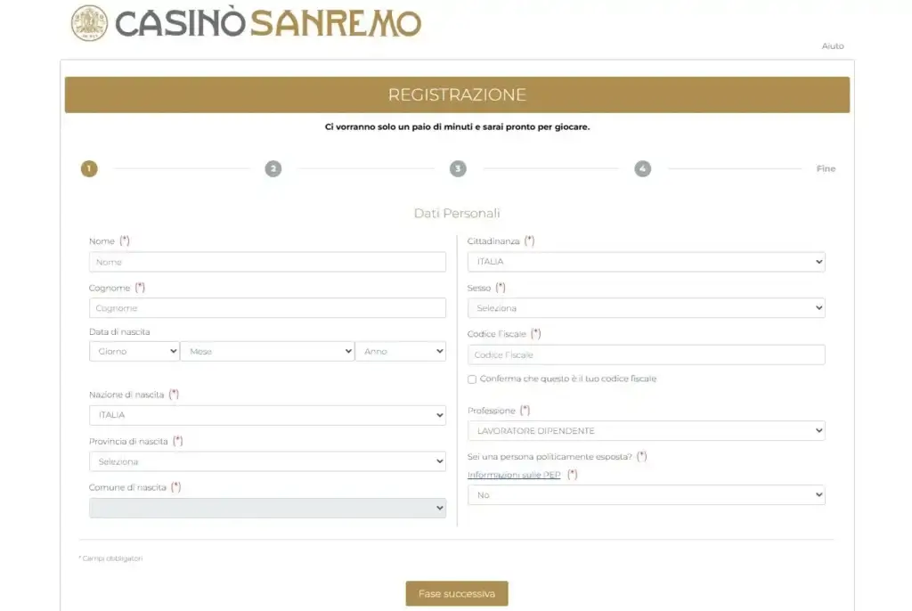 Form di registrazione del Casinò Sanremo online