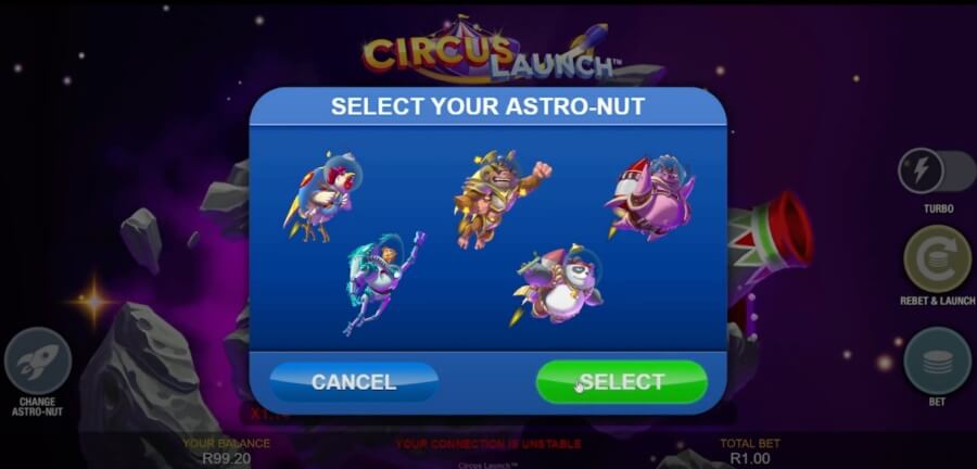 Selezione del personaggio di Circus Launch