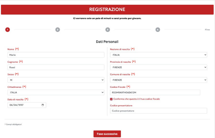 Pannello di registrazione su Domusbet.it