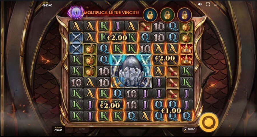 Schermata dei rulli della slot Dragons ClusterBuster