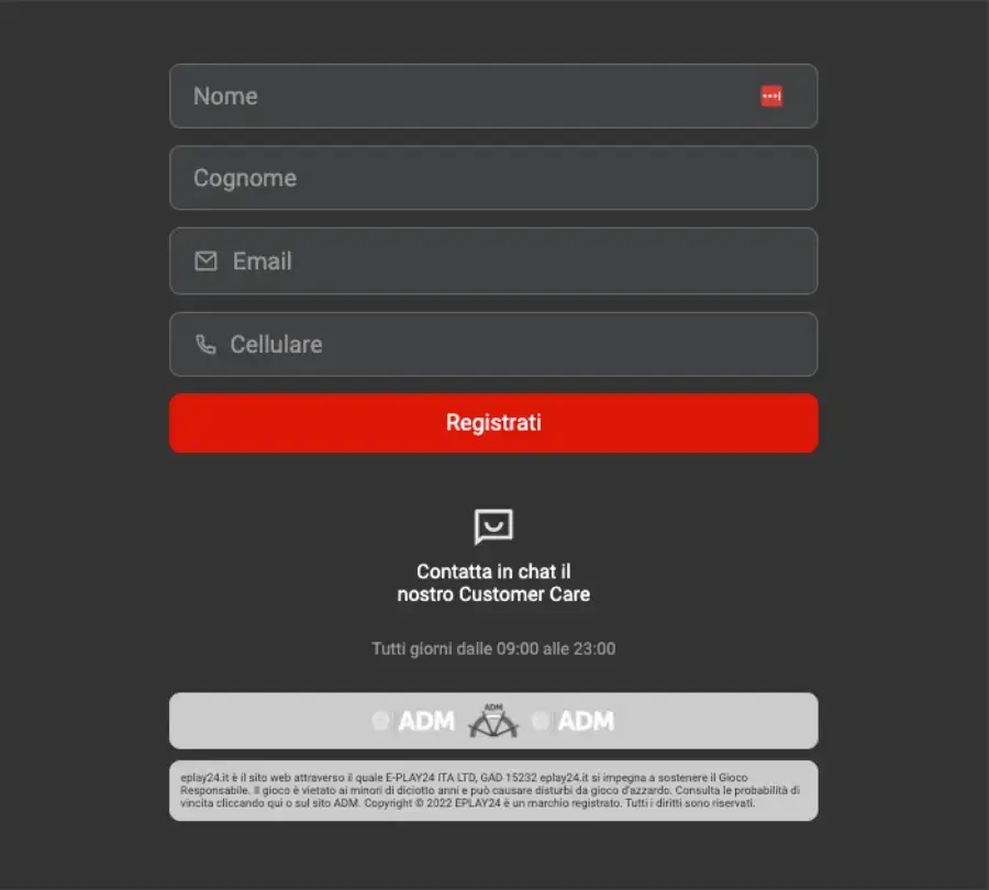 Inizio della registrazione sul casinò Eplay24