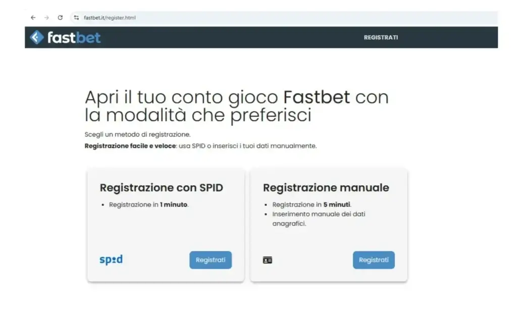 Pannello di registrazione di Fastbet