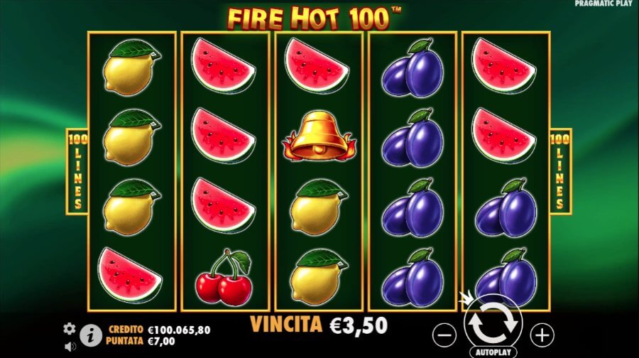 Schermata di gioco: slot Hot Fire 100