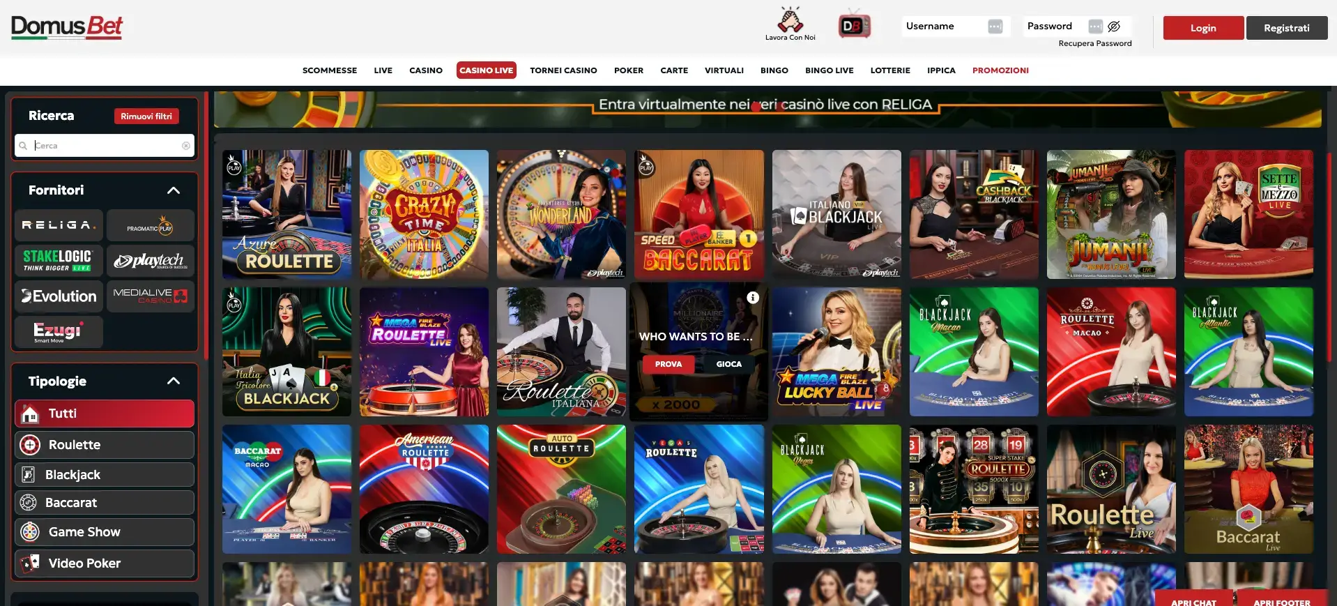 Giochi del casinò live di Domusbet.it