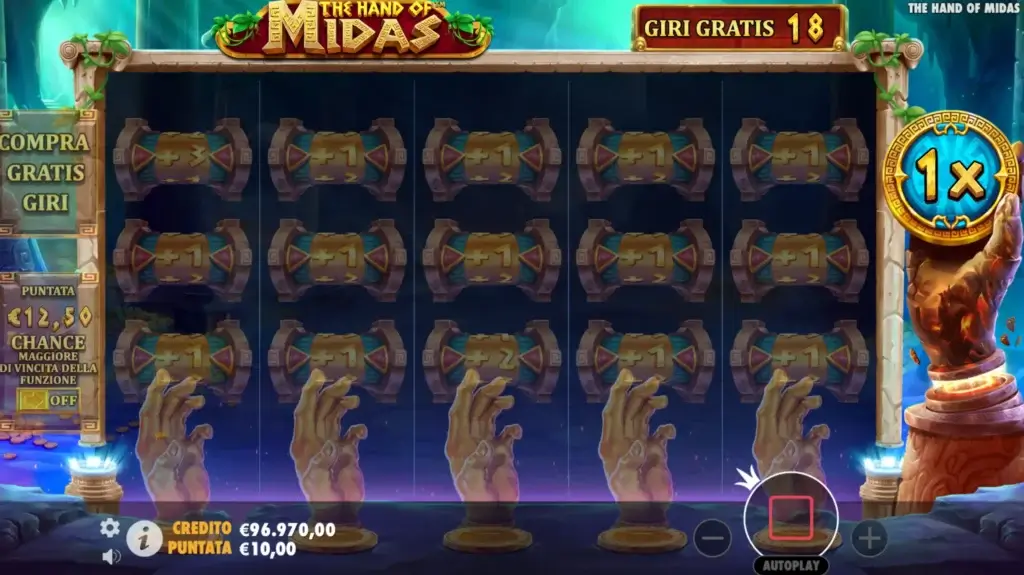 Attivazione free spin nella slot Hand of Midas
