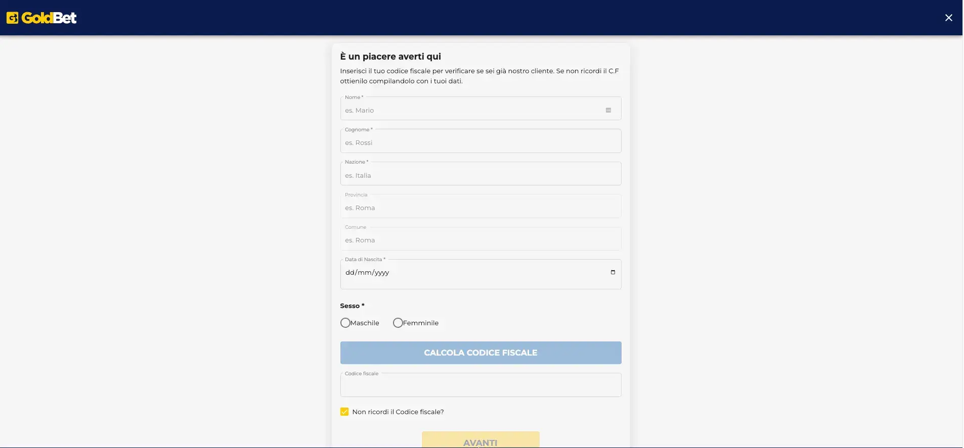 Schermata di registrazione GoldBet