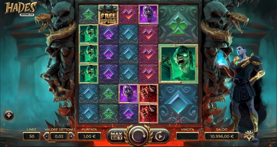 Schermata di gioco base della slot Hades Gigablox