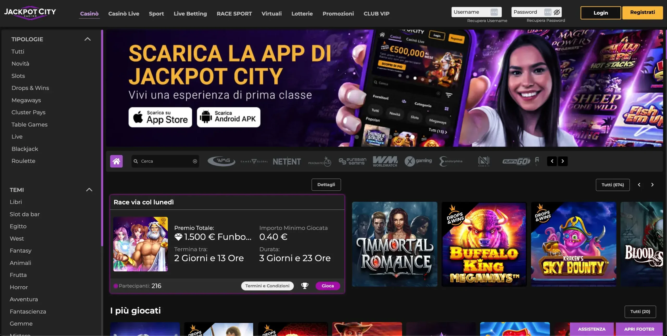 Homepage della sezione casinò di JackpotCity