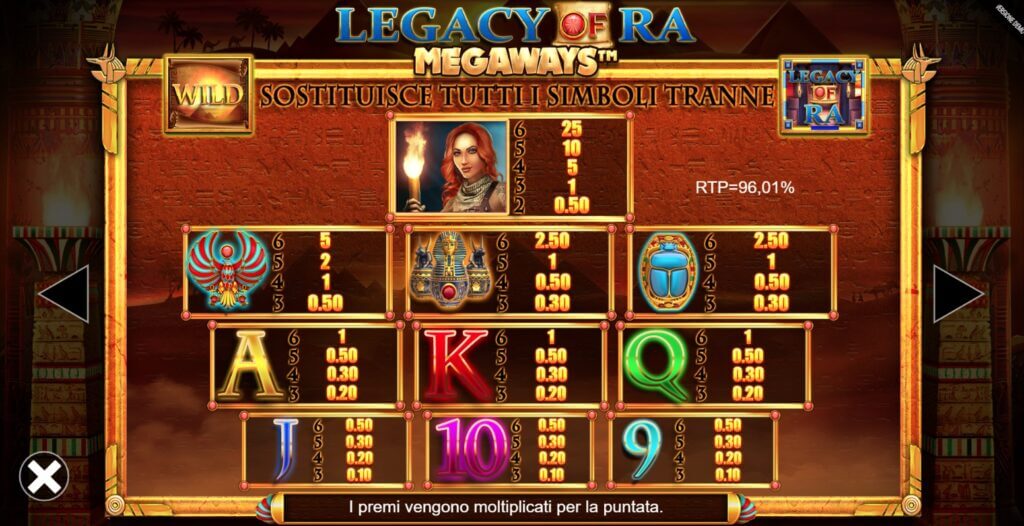 La simbologia base della slot online Legacy of Ra Megaways.