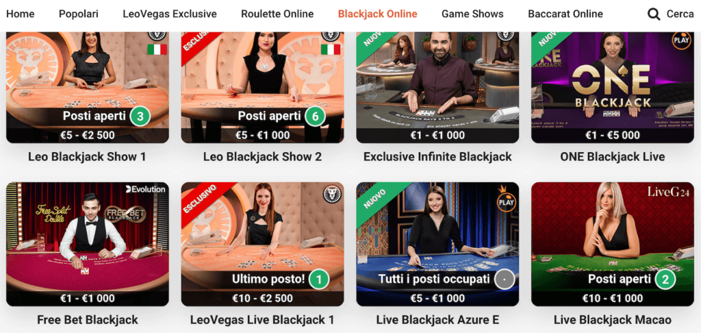 Tavoli da Blackjack su LeoVegas.it
