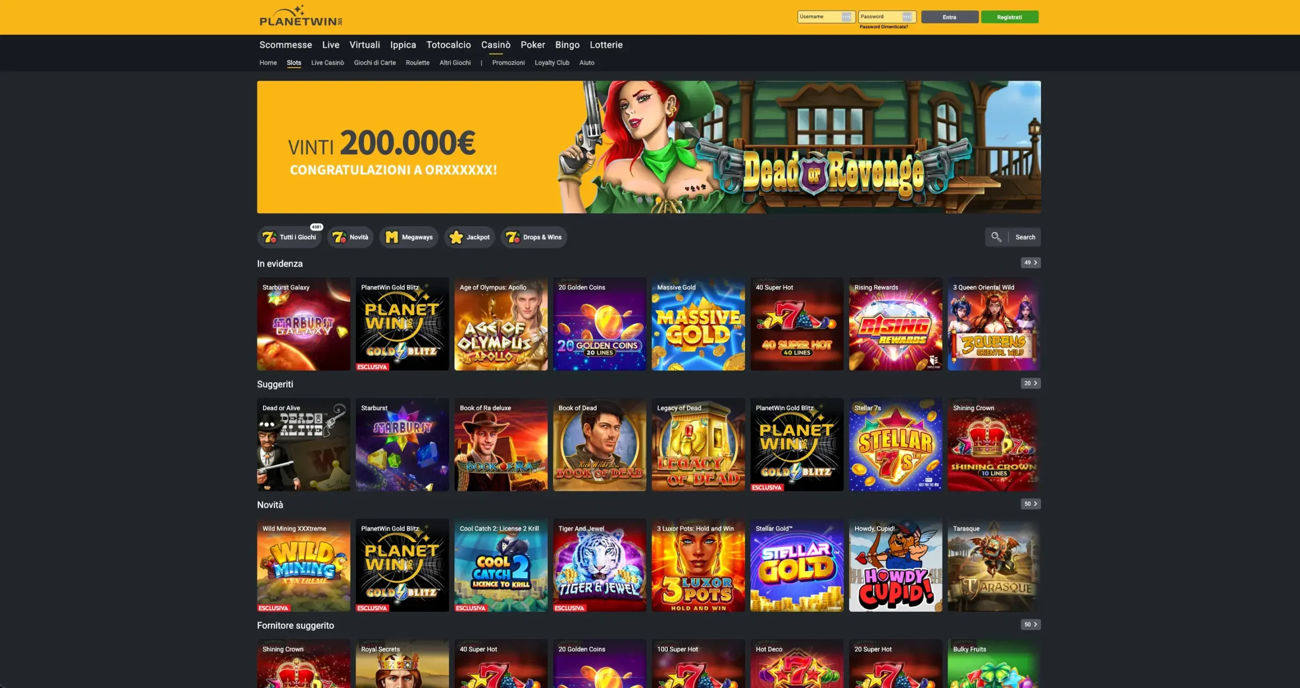 Lista delle slot machine disponibili su Planetwin365