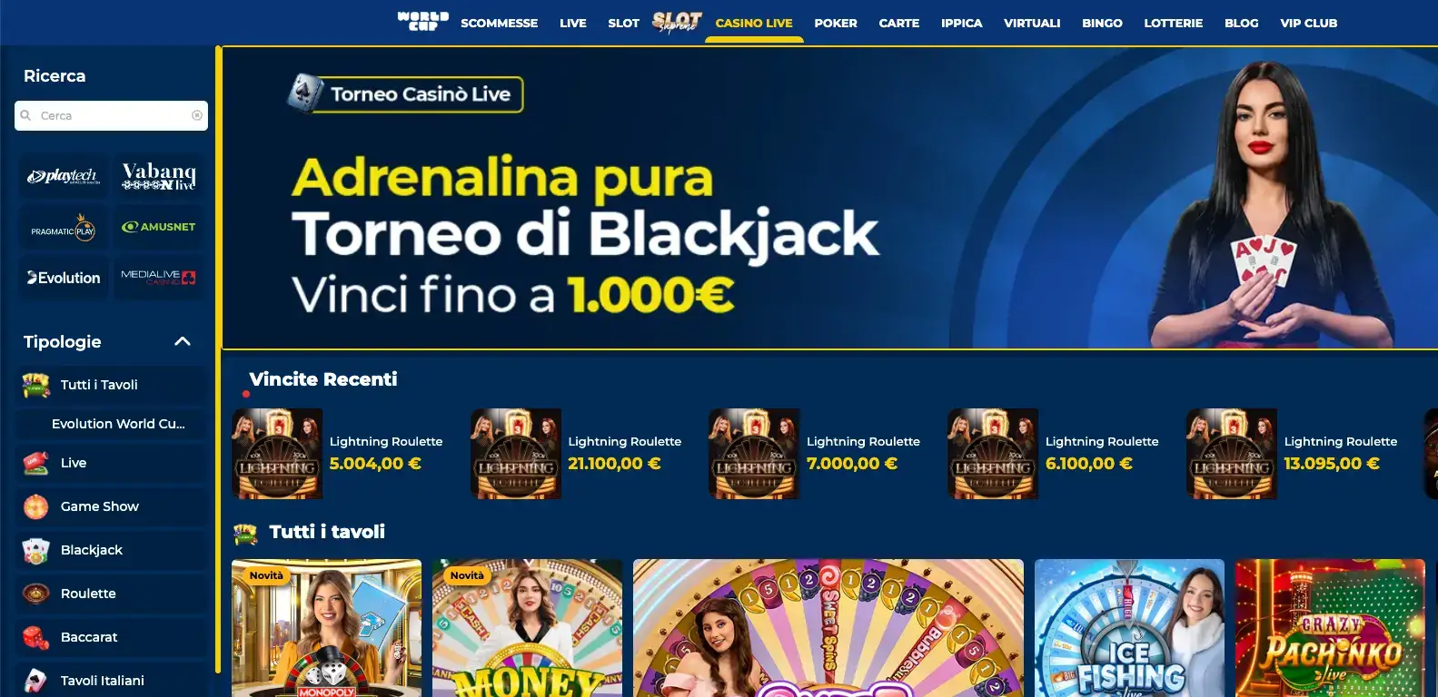 Catalogo live casinò di Quigioco