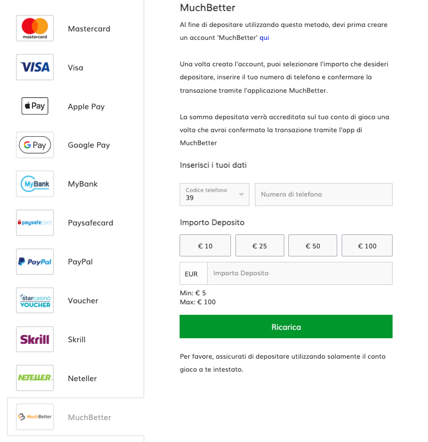 Schermata di deposito MuchBetter su StarCasinò