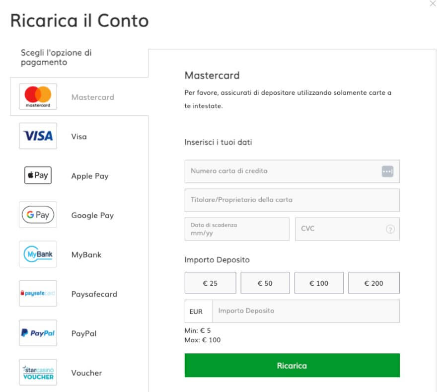 Pannello di ricarica con MasterCard