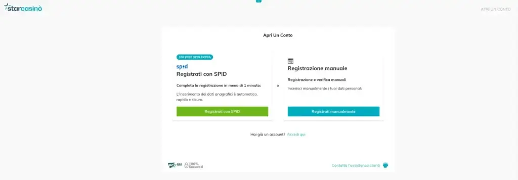 Opzioni di registrazione su StarCasinò