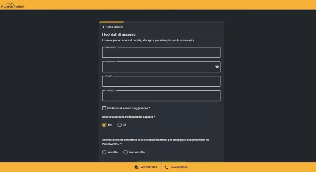 Modulo di registrazione su Planetwin365