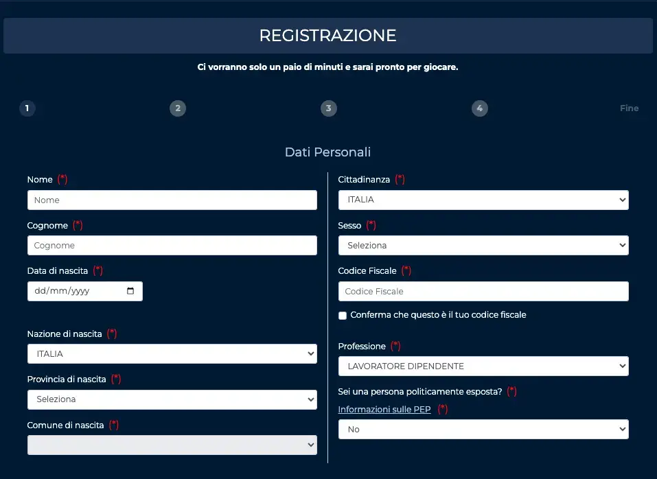Pannello di apertura conto su Quigioco
