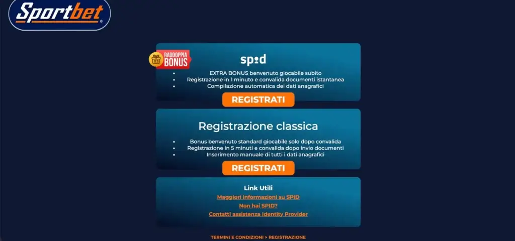 Sportbet - Modalità di registrazione