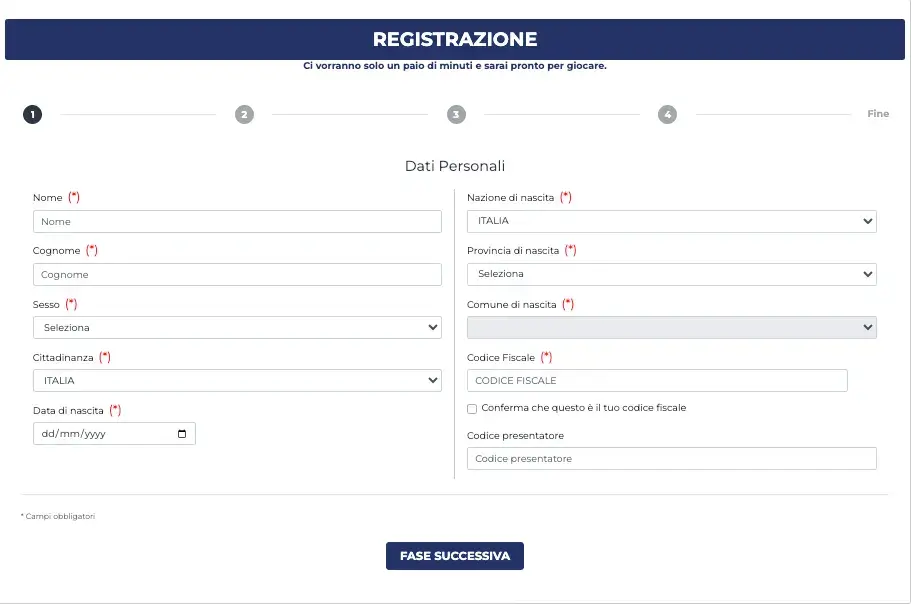 Modulo di registrazione su Betpremium.it
