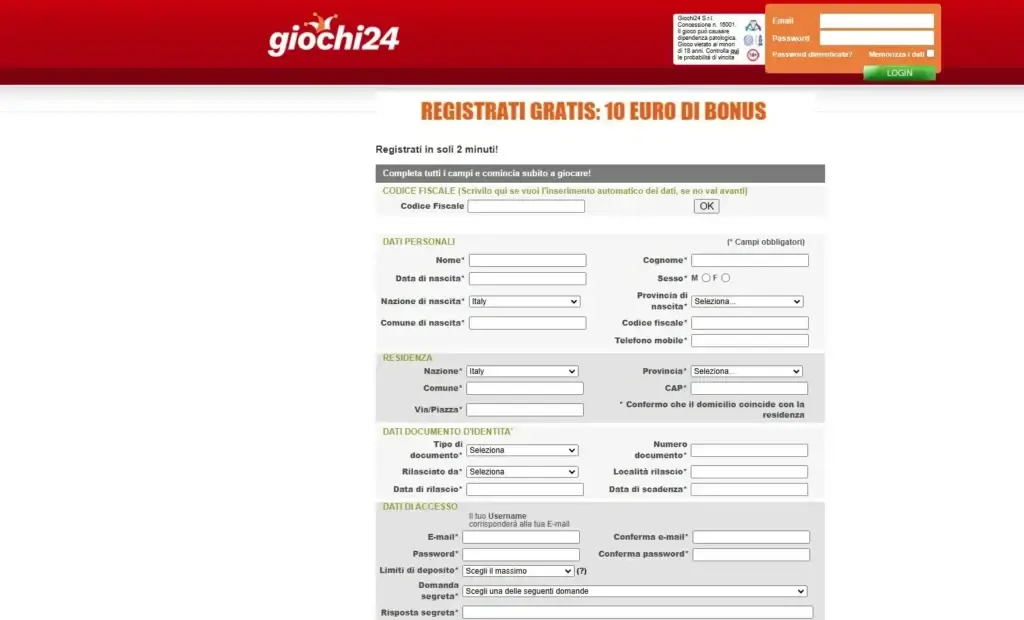Modulo di registrazione al casinò online Giochi24