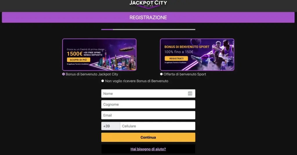 Pannello apertura conto: JackpotCity casinò