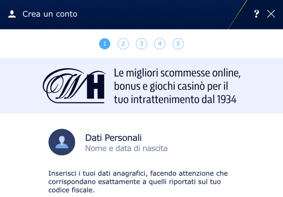 Processo di registrazione - William Hill