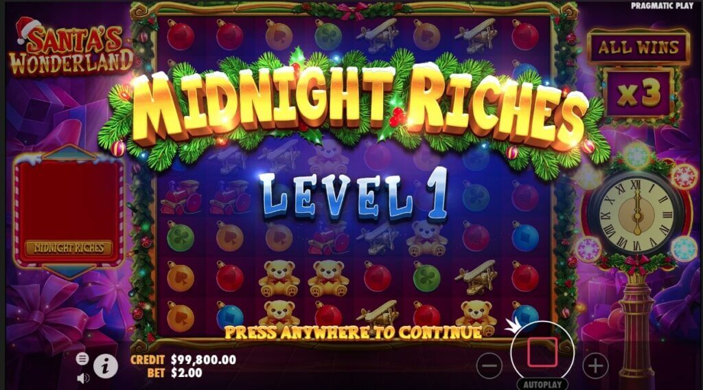 La funzione Bonus Midnight Riches nella Santa's Wonderland slot online. 