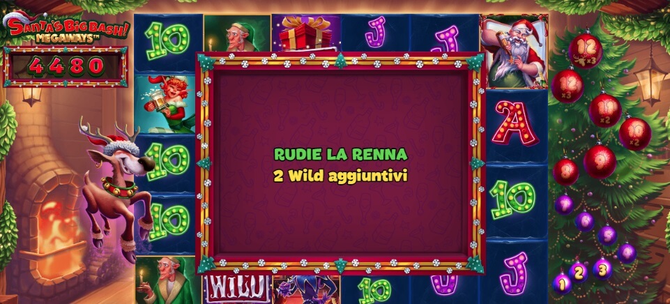 Nella slot Santa's Big Bash Megaways, si è appena attivata la funzione "Rudie la renna"