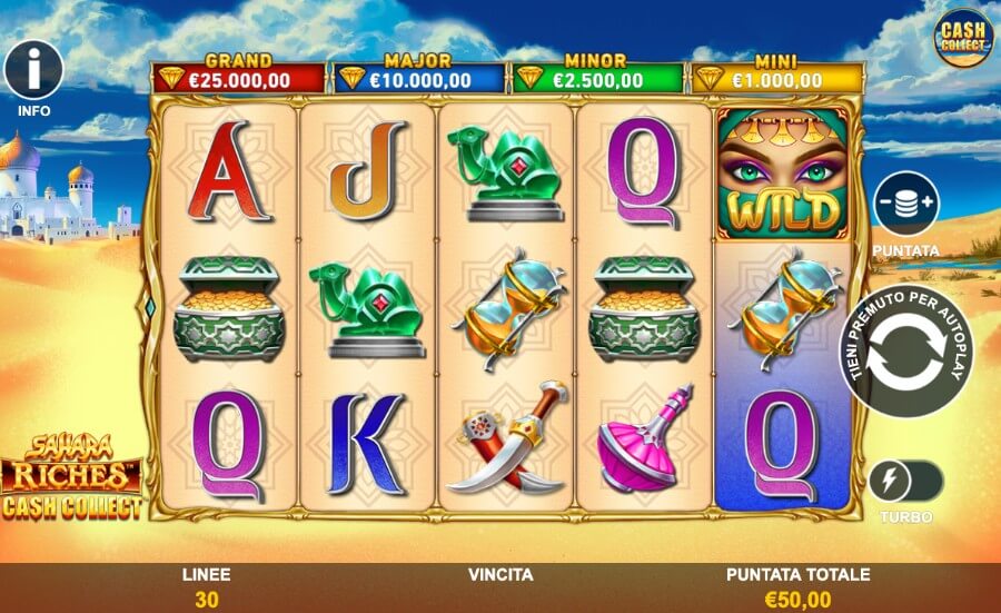Schermata principale del gioco di slot Sahara Riches Cash Collect