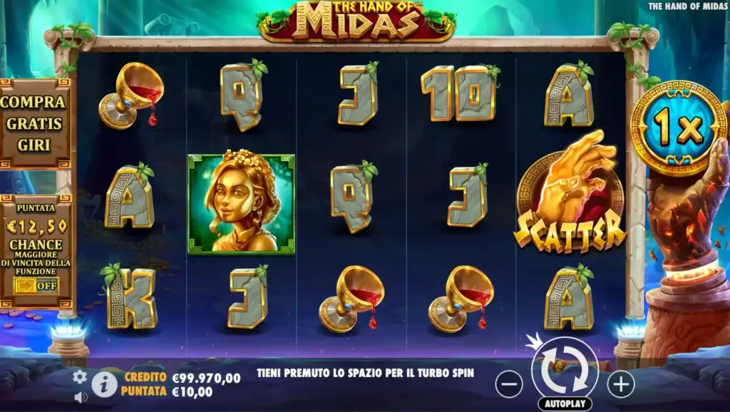 Schermata di gioco base: slot Hand of Midas