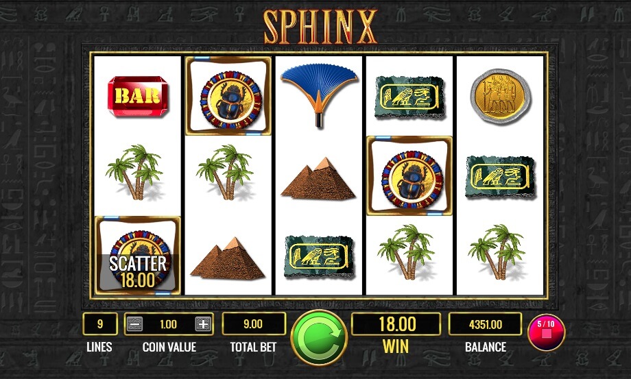 Vincita con 3 simboli Scatter nella slot online Sphinx. 