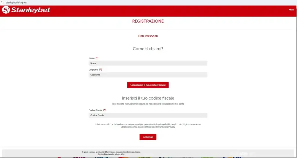 Modulo di registrazione allo Stanleybet casinò