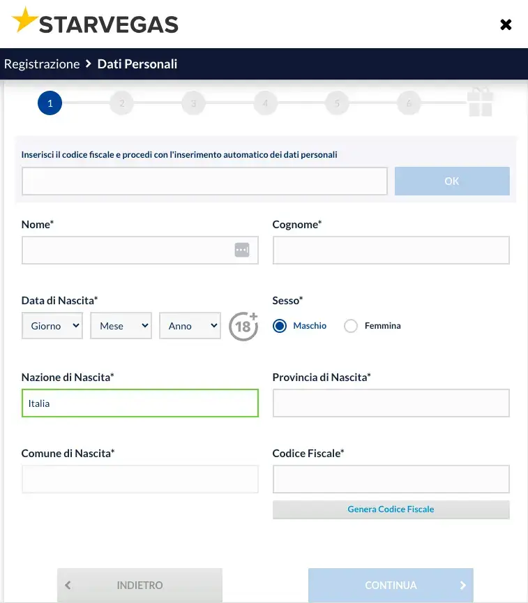 Registrazione su StarVegas.it