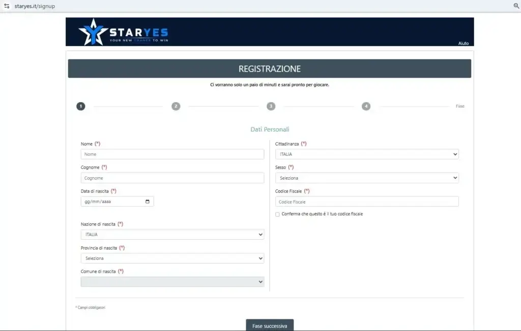 Registrazione su Staryes casinò