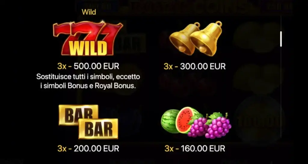Tabella dei simboli: slot Royal Coins 2 Hold and Win