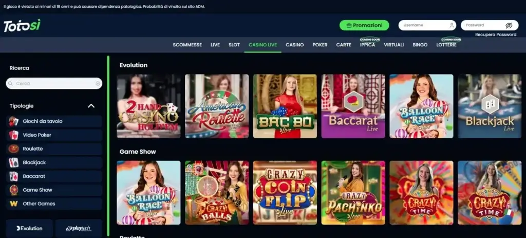I giochi live del casinò Totosì